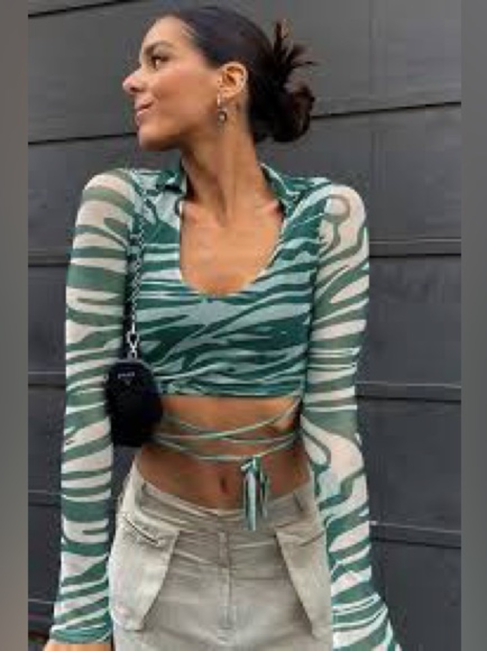 PrettyLittleThing Olive & Beige Zebra Print Wrap Tie Mesh Crop Top NWT